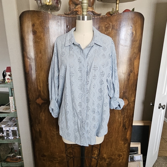 Habitual Tops - Habitual Sky Blue Eyelet Blouse And Short Set 2 Piece